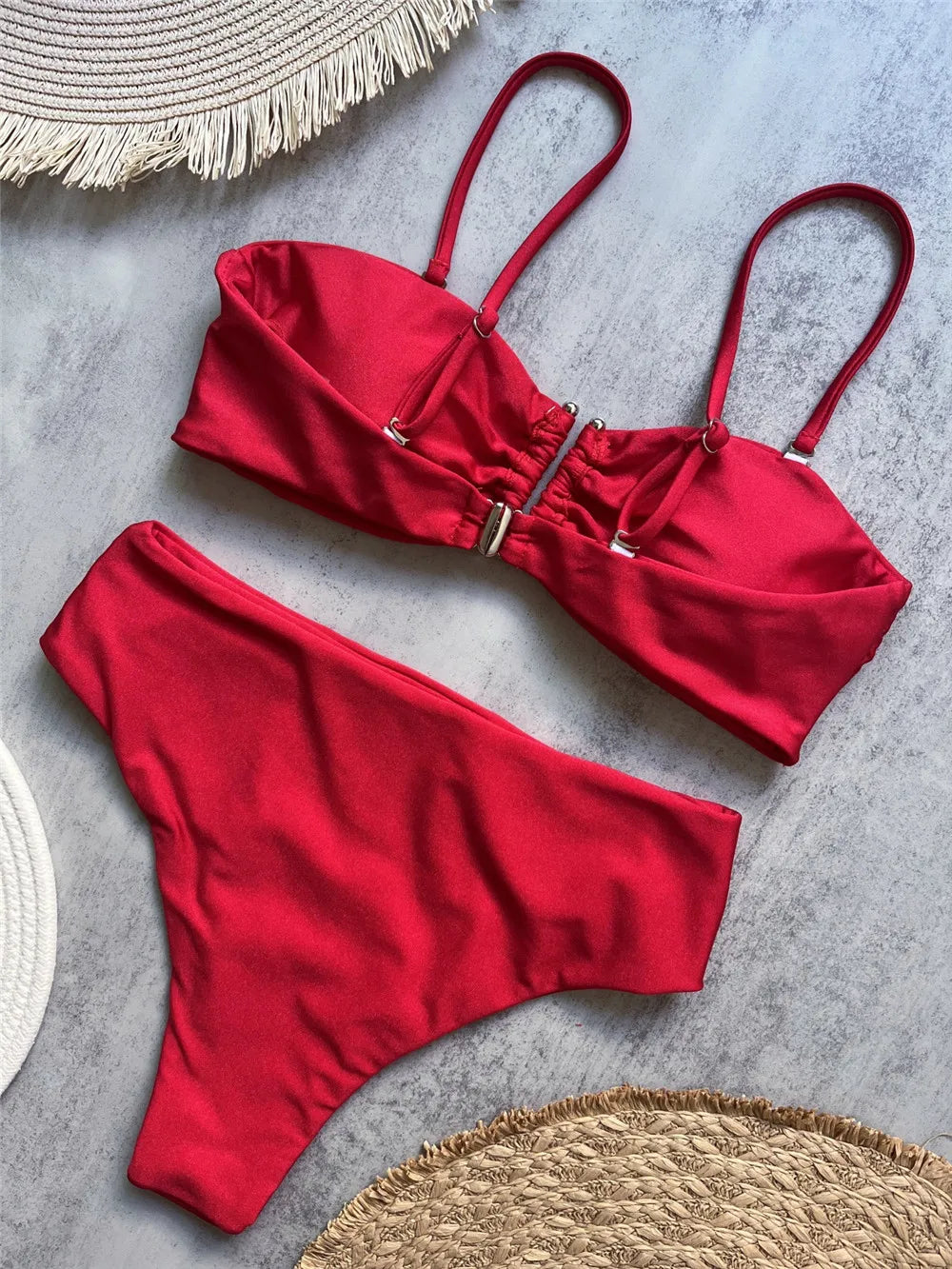 Brown Shiny U Shaped Bikini High Waist Sexy Swimsuit Women 2026 Wrinkled Solid Swimwears Bathing Suit Bandeau Bikinis Sets Mujer