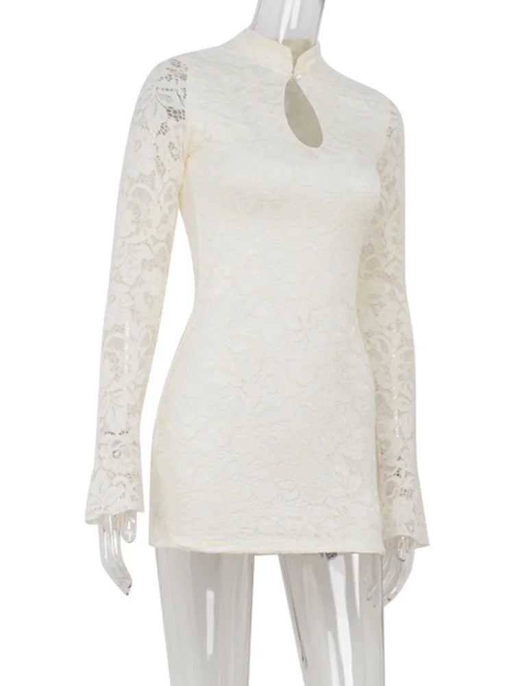 Ahagaga Sexy Lace Women's Mini Dresses Solid Sheer Hollow Out Turtleneck Long Flare Sleeves Sheath Bodycon Streetwear Vestidos