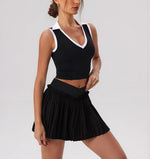 Tight Yoga Sets Women's Tracksuit Sexy Color Contrast Hollow Out Sports Bra High Waist Pleate Tennis Short Skirt Fitness Suits