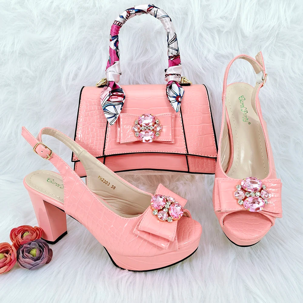 Doershow beautiful Italian Shoe and Bag Set New Shoes and Bag Set In Italy pink Color Italian Shoes with Matching Bags HFG1-23
