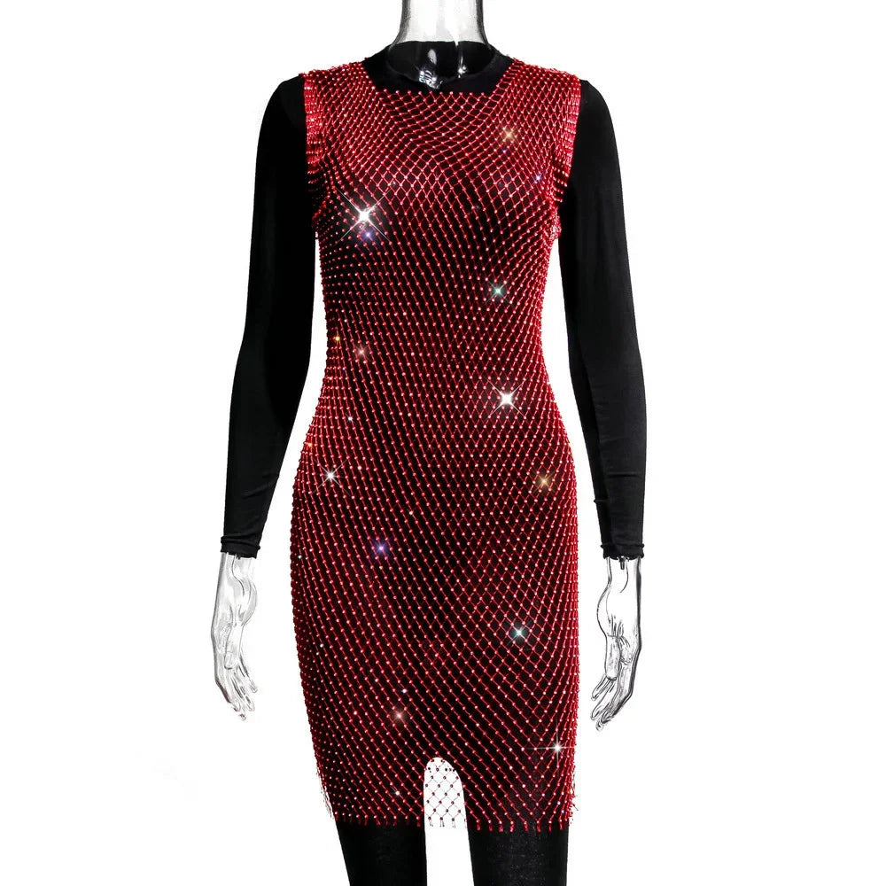 XS-2XL 15 Colors Rhinestones Fishnet Dress O-Neck Grid Swimsuit Bikini Cover Up Beach Pool Party Cover-ups for Swimwear Women