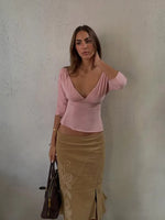 Trendix V Neck Slim Long Sleeve Tops Women 2026 Spring Casual Vintage Bodycon Pullover Top Party Retro Office Basic Backless Top