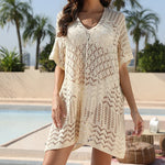 Sexy Hollow Out Beach Cover Up Women Blue White Knitted Crochet Tunic Mini Dress Short Sleeve V Neck Loose Cover-ups Beachwear
