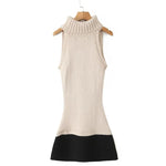 Women's Fashion Patchwork Knitted Dress Knit Sleeveless Dress Bodycon Fit With Contrast Black Hem Cozy Winter Mini Dress CR01