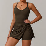 Summer Tennis Dress Women Sleeveless V Neck Slim Skirt Pleate Twisted Design Crossed Hollow Out Sports Yoga Golf Skirt Badminton
