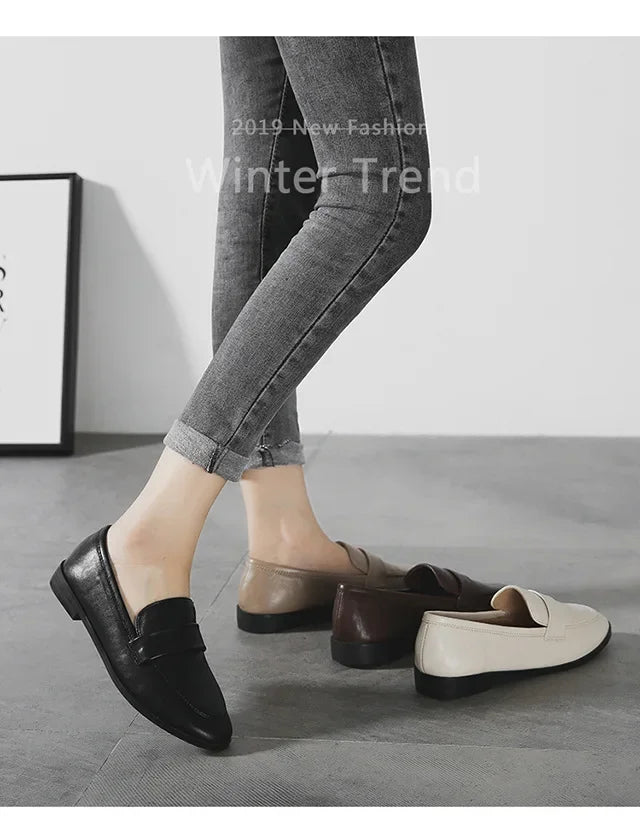 Retro British Style Women Leather Shoes Autumn Flat Casual Loafers Fashion Slip on Round Toe Office Work Shoes Zapatillas Mujer