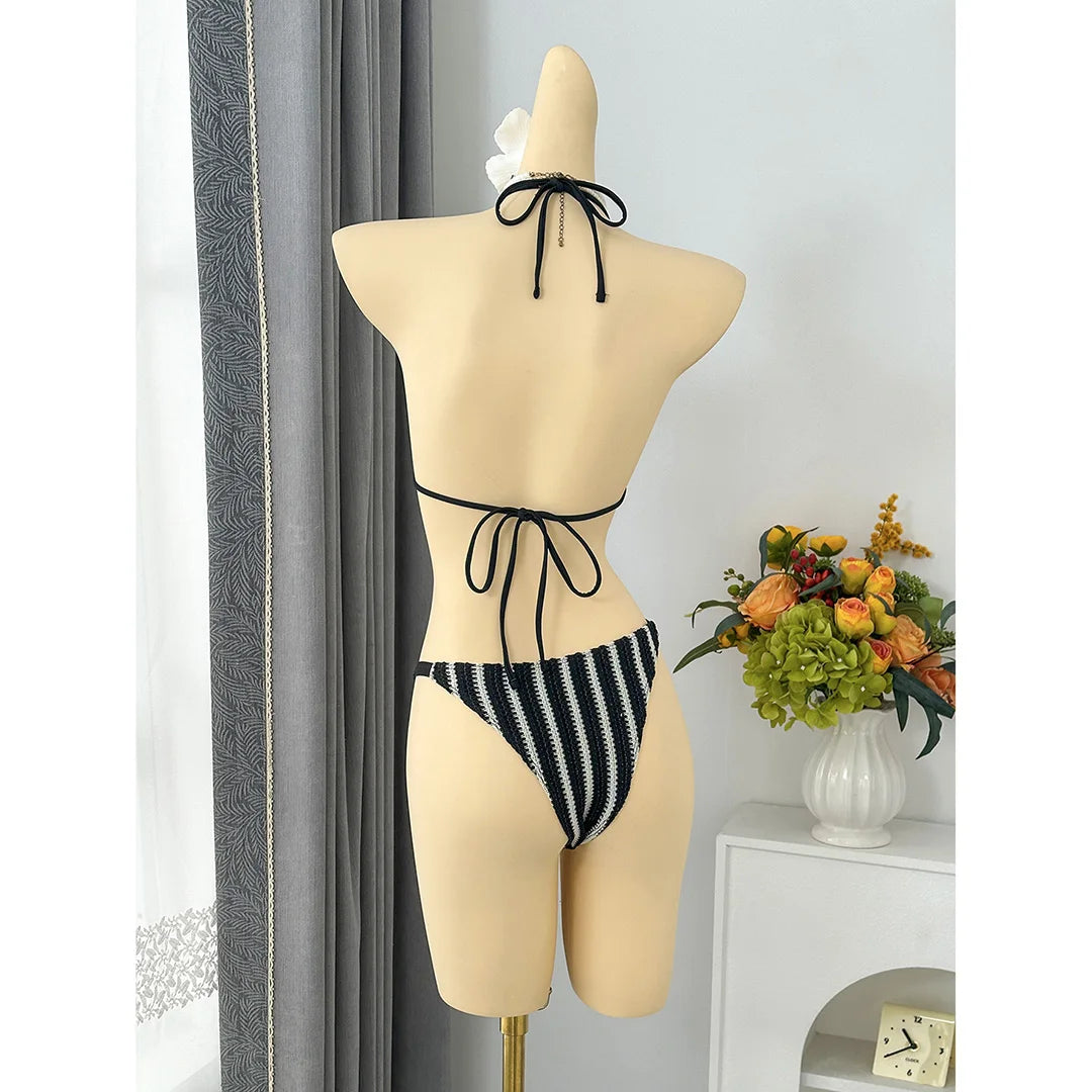 With Pants Striped Halter Bikini Female Swimsuit Women Swimwear Three-Pieces Bikini Set Brazilian Bather Bathing Suit Swim V7838