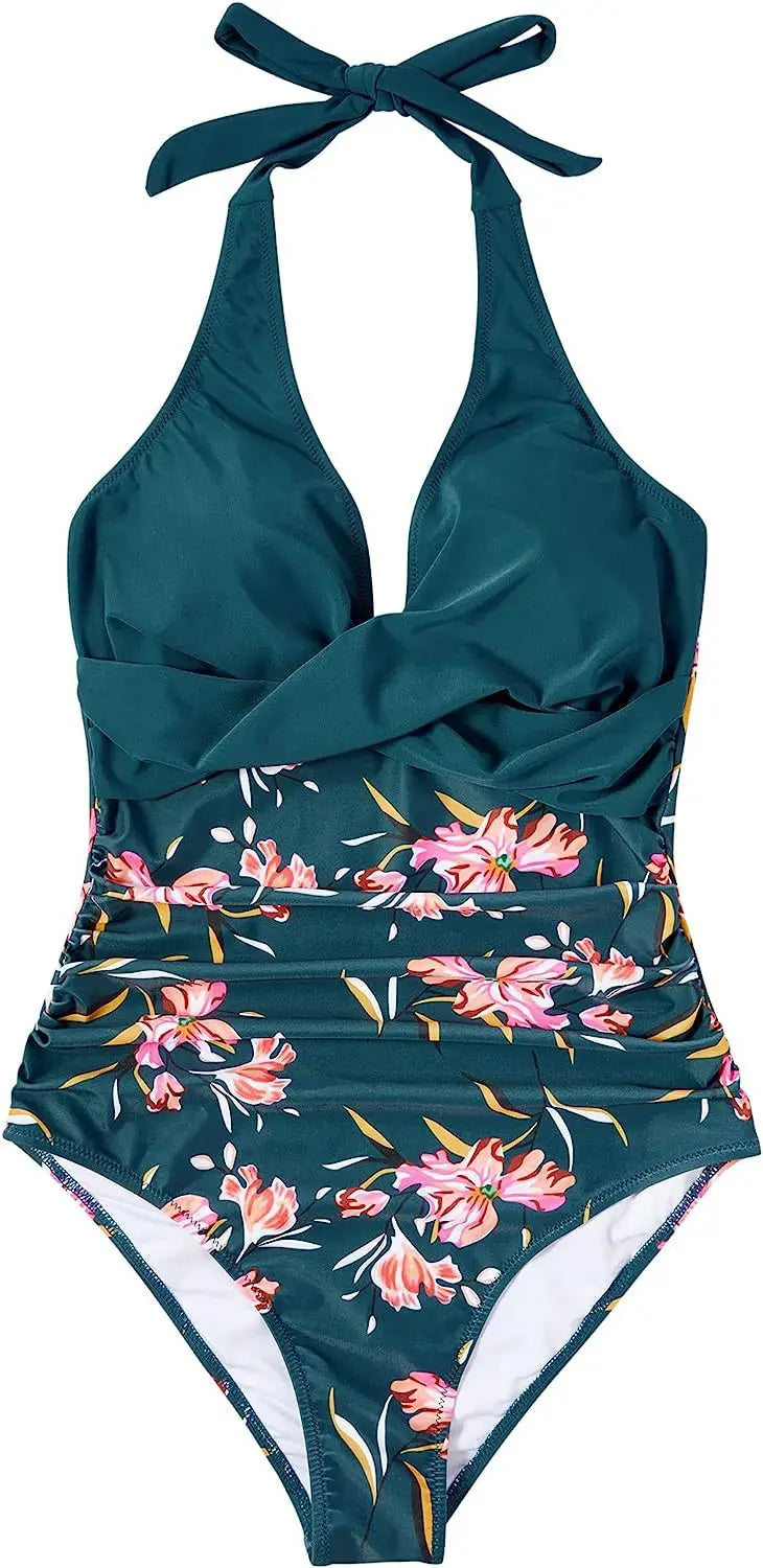 S - XXL Wrinkled Halter V Neck One Piece Swimsuit Women Swimwear Female Monokini Backless Bathing Suit Swim Beachwear Bodysuit