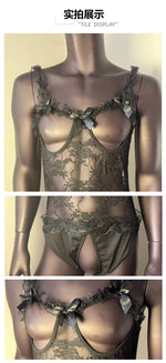 Erotic underwear for men, sexy purple pajamas, lace jumpsuit, open and easy to take off