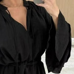 Mini Dress with Belt Summer Ruffle Long Sleeve Dress for Women Casual V Neck A-line Swing Dresses Irregular Vacation Dress