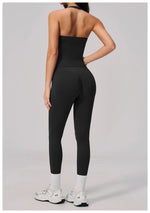 Summer Seamless Yoga Sets Women V Neck Slim Sports Tank Top Fitness Suit Peach Hip High Elasticity Leggings Running Tracksuit