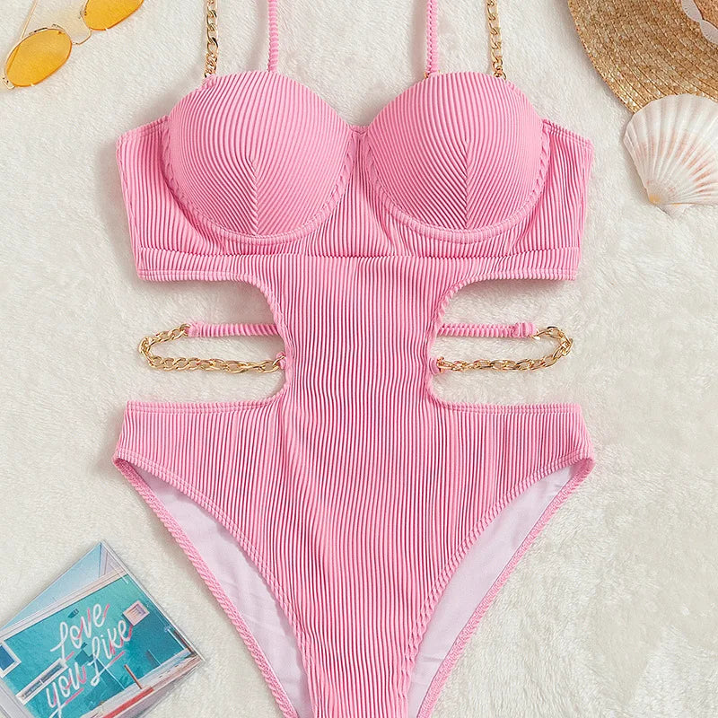 Sexy Push Up Underwire One Piece Swimsuit Women Solid Pink Metal Chain Hollow Out Ribbed Bathing Suit Backless Swimwear Monokini