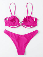 Sexy Hot Pink Bikini Set 2025 Women Pleate Shell Push Up Underwire Thong Swimsuit Beach Bathing Suit Swimwear Vacation Outfits