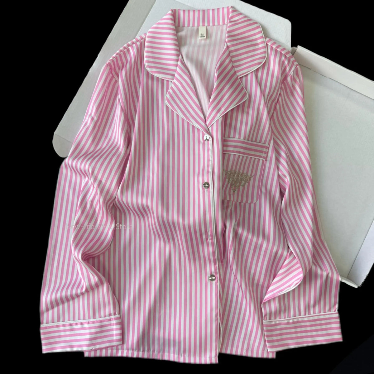 Women Ice Silk Striped Pajama Set Lapel Open Front Long Sleeve Top Long Pants Loose Pink White Light Blue Block Loungewear