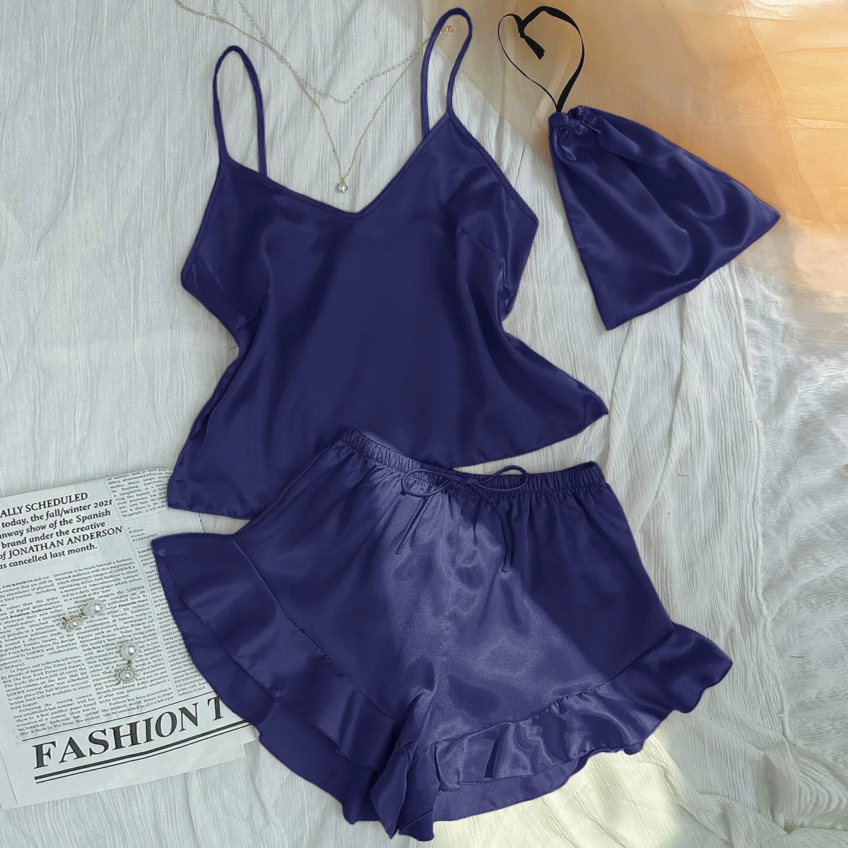 Women's Silk Comfortable Strap Sleepwear Thin Vest Shorts Home Clothes Set Sexy Sleepwear Breathable Lightweight Nightgown