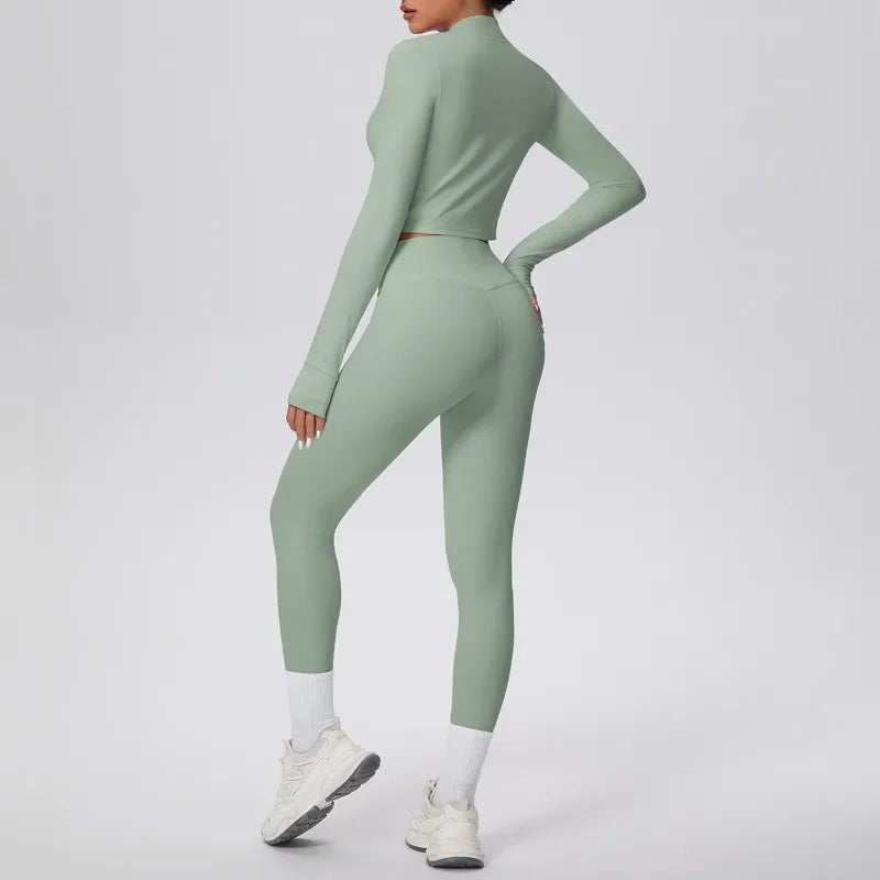 New Women Yoga Set Solid Color Double-Sided Brushed Bare Feel Short Long-Sleeve Jacket Tight Pants Running Fitness 2-Piece Set