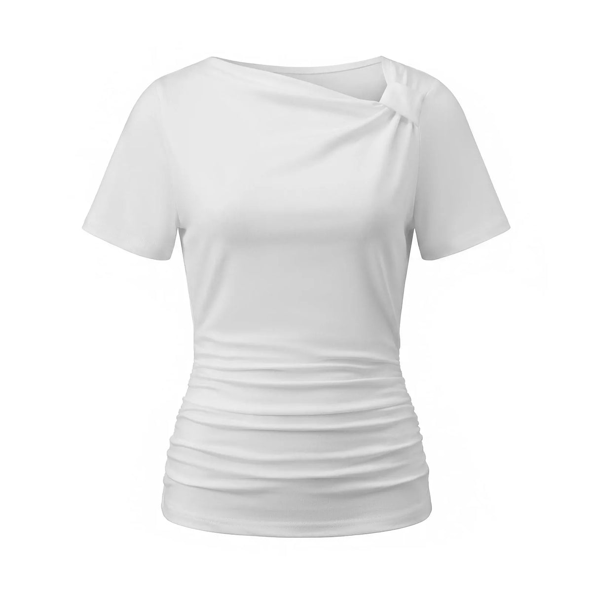 Women Short Sleeve Trendy Slim Fit Ruched T-shirts SummerSolid Color Slash Neck Tops