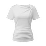 Women Short Sleeve Trendy Slim Fit Ruched T-shirts SummerSolid Color Slash Neck Tops