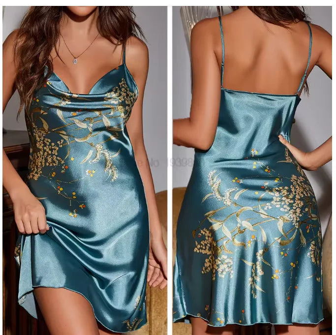 Chemise Nightgown Women Satin Kimono Dressing Gown Strap Sleepdress Rayon Printed Cherry Nightwear V-Neck Suspender Sleepwear