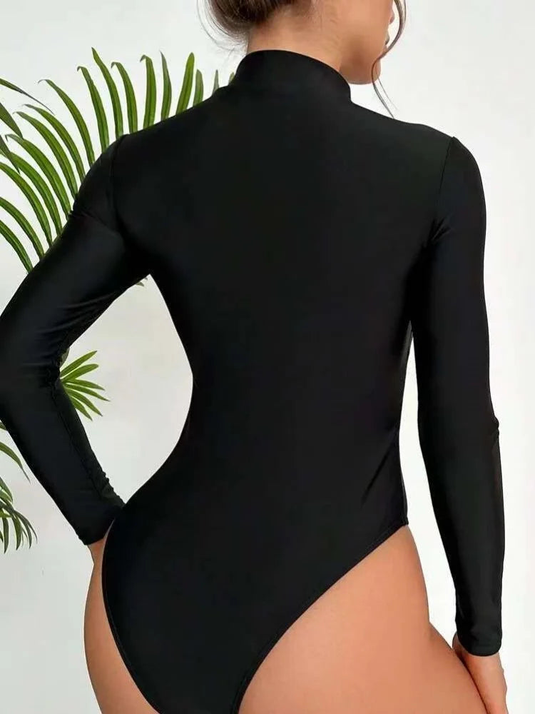 Vintage Black Swimwear Women Large Size 2026 Front Zipper Long Sleeve Slim Surf One Piece Swimsuit Beach Bathing Suit Monokini