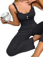 Women Ribbed Pajama Set Lace Trim Camisole Top & Drawstring Pants Sexy Sleepwear Autumn Soft Lounge Homewear