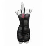 Sexy Transparent Dress Backless Deep V Suspenders Sleeveless Hanging Neck Flower Dress Mesh Pure Desire Casual Style Dress QFZO