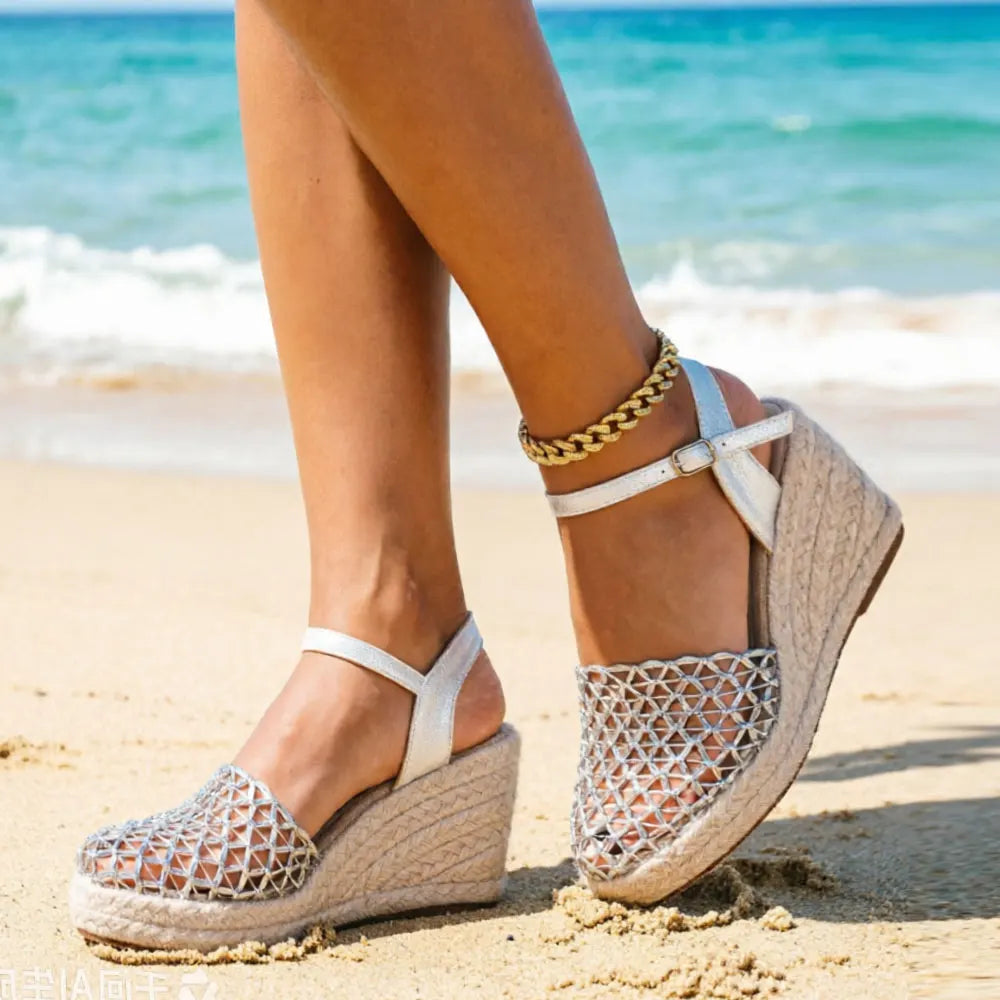 Big Size 43 Mesh Hollow Closed Toe Espadrille Wedge Sandals Women Adjustable Ankle Strap High Heel Summer Boho Beach Shoes