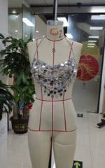 Women Gold Silver Coin Halter Chain Crop Top Body Chain Layered Sequined Backless Bikini Top Y2K Rave Festival Clubwear