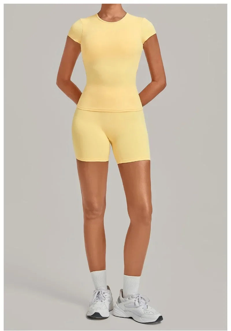 Women's Seamless Yoga Sets Sports Fitness Workout Hip-lifting High Waist Shorts Backless Short-sleeve Vest Suit Gym Training Set