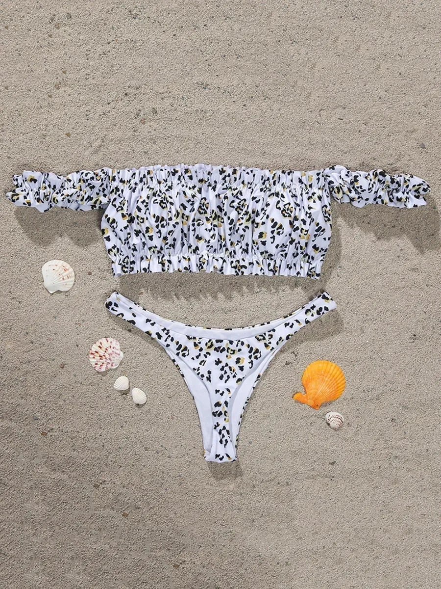 Cherry Print Off Shoulder Bikini 2025 High Cut Swimsuit Women Female Brazilian Swimwear Two pieces Bikini set Bathing Suit Swim