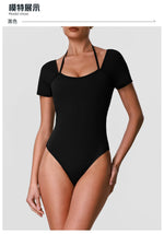 Summer Women's Cross Hollow Back Yoga Jumpsuit Short Sleeved Slimming Sports Overalls High Stretch Push Up Fitness Bodysuit