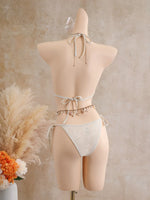 Vintage Coffee Leaves Print Mesh Skirt 3 Piece Bikinis Sets 2026 Women Beach Pearls Push Up Thong Swimsuit Bathing Suit Swimwear