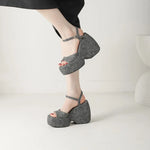 2025 New Summer Women High Heel Shoes Platform Square High Heel Ladies Sandals PU Leather Open Toe Buckle Dress Women Shoes