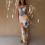 Summer New Print Spaghetti Strap Dress Women Summer New Fashion Sexy Deep V-neck Slim Dresses Vacation Style Bodycon Vestidos