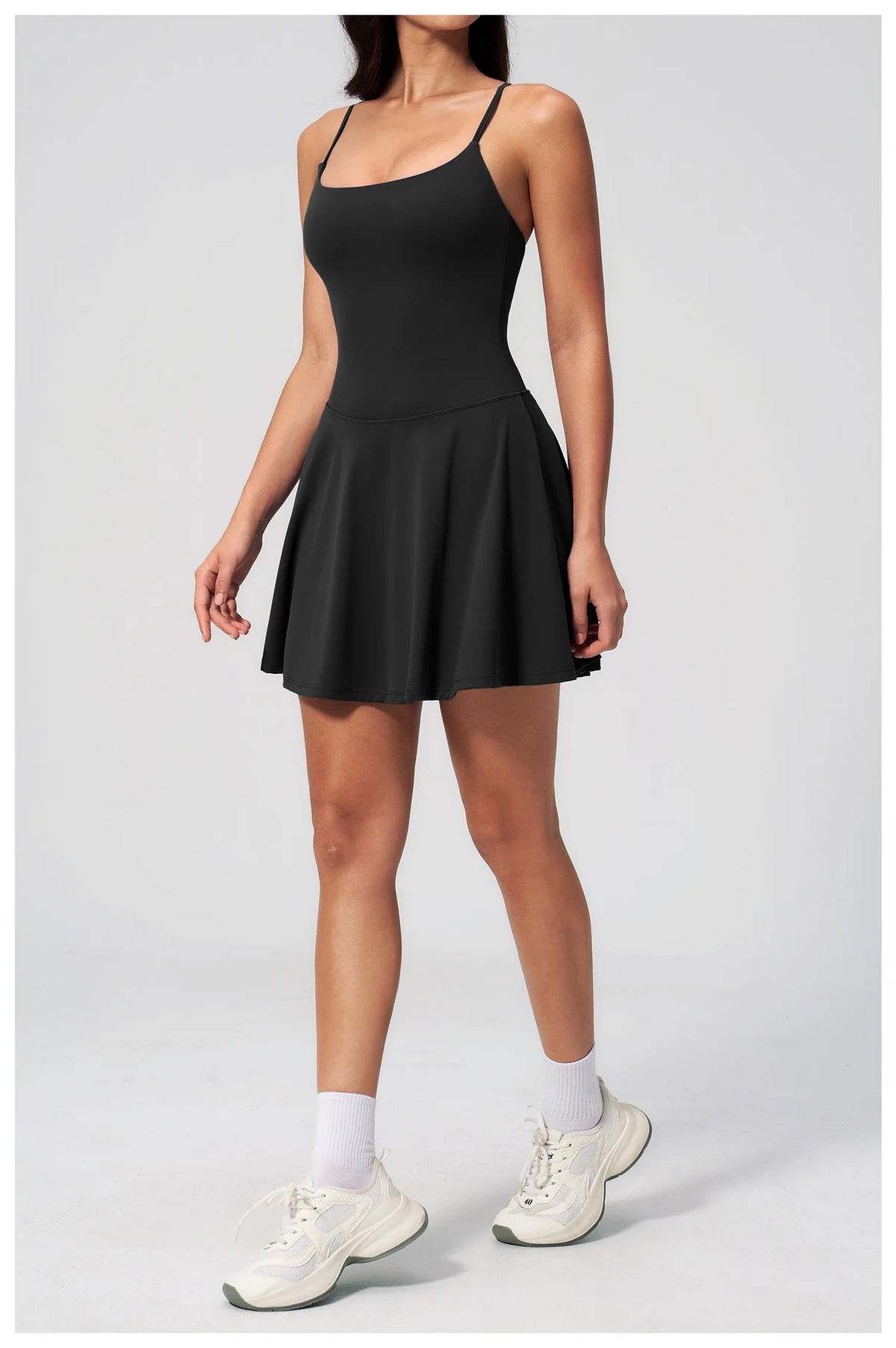 Women Tennis Dress with Shorts Pocket Square Neck Hollow Back Sleeveless One Piece Sports Outfit Fitness Pleate Mini Dresses