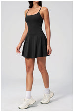 Women Tennis Dress with Shorts Pocket Square Neck Hollow Back Sleeveless One Piece Sports Outfit Fitness Pleate Mini Dresses