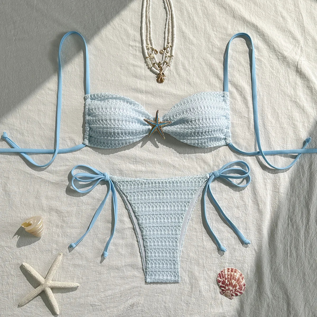 Sexy Sky Blue Micro Bikini 2026 Women Metal Starfish Ornament Pleate Push Up Tie Side Thong Swimsuit Beach Bathing Suit Swimwear