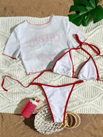 Cherry Print Mesh Short Sleeve Bikini Female Swimsuit Women Swimwear Three-pieces Bikini Set Micro Bathing Suit Swim Beachwear