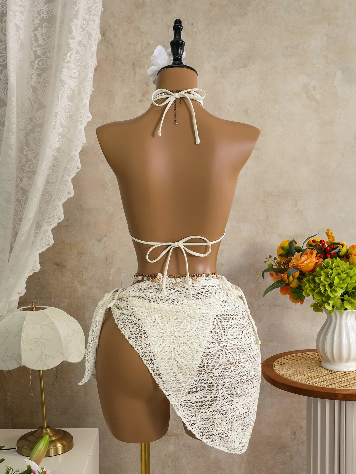 Vintage Pink Mesh Skirt 3 Piece Bikini Set Women Stone Strap Push Up Bra Triangle Swimsuit Holiday Bathing Suit Swimwear 2026