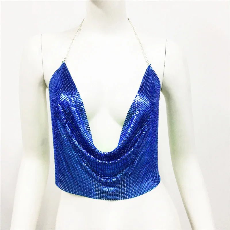 DEKA Bling Bikini Tops Deep V Neck Vest Backless Sequins Women Crop Top Night Club Diamonds Metal Tank Adjustable Halter Shiny