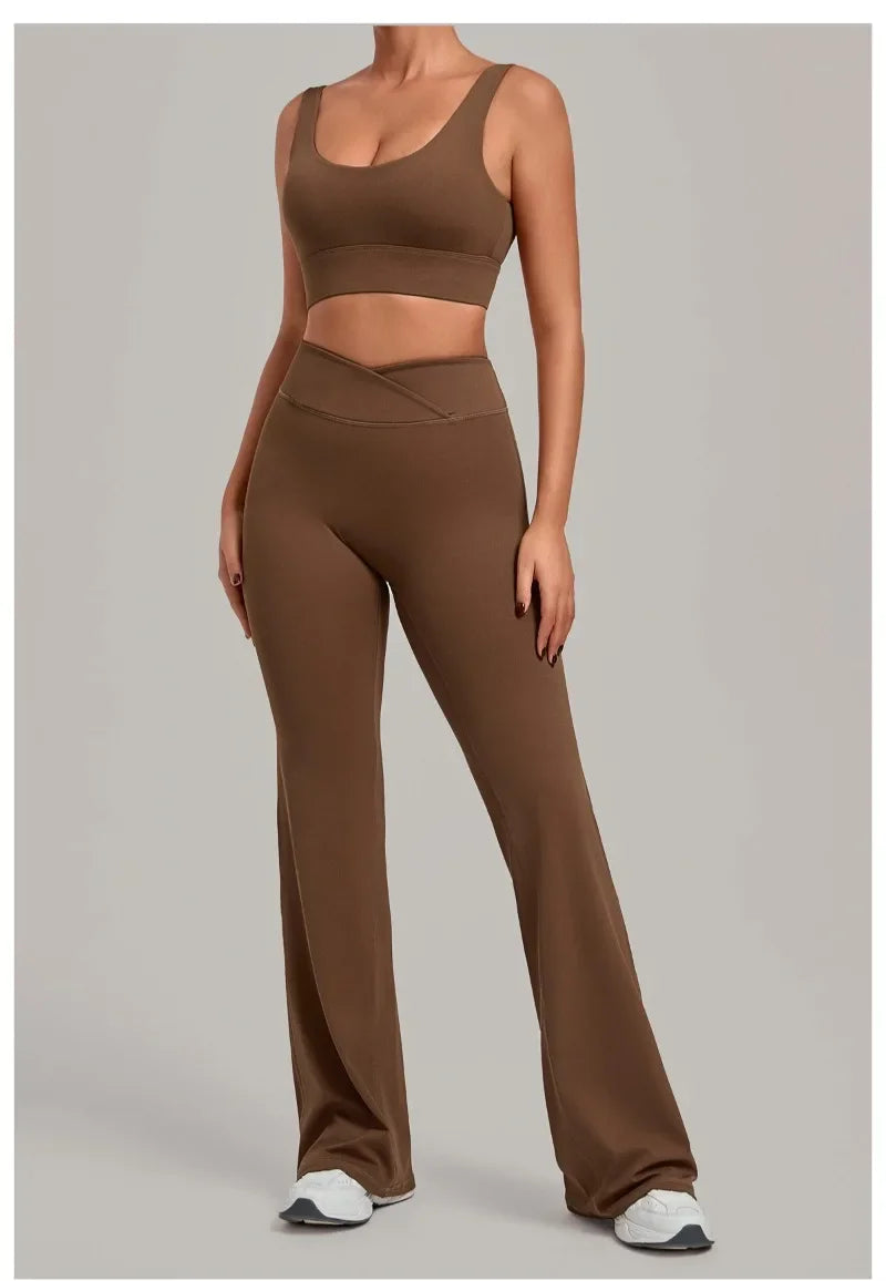 Women's Seamless Yoga Sets Sports Fitness Hip-lifting High Waist Flared Pants Backless Bra Suits Training WorkoutLeggings Sets
