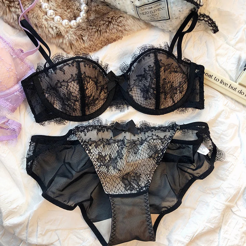 French Underwear Set Sexy Eyelash Lace Embroidery Bra Set Women 1/2 Cup Push Up Bras Small Breast Lingerie and Panties Set