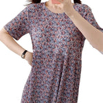 Summer Women Dress Small Flower Print Crew Neck Loose Short Sleeves Pleated Dating Shopping Midi Dress Mid-calf Length Pullover