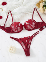wine-red floral embroidery lingerie. French-style luxury sheer net satin bra for dates, newlyweds, and sexy duvet set. ZA824031