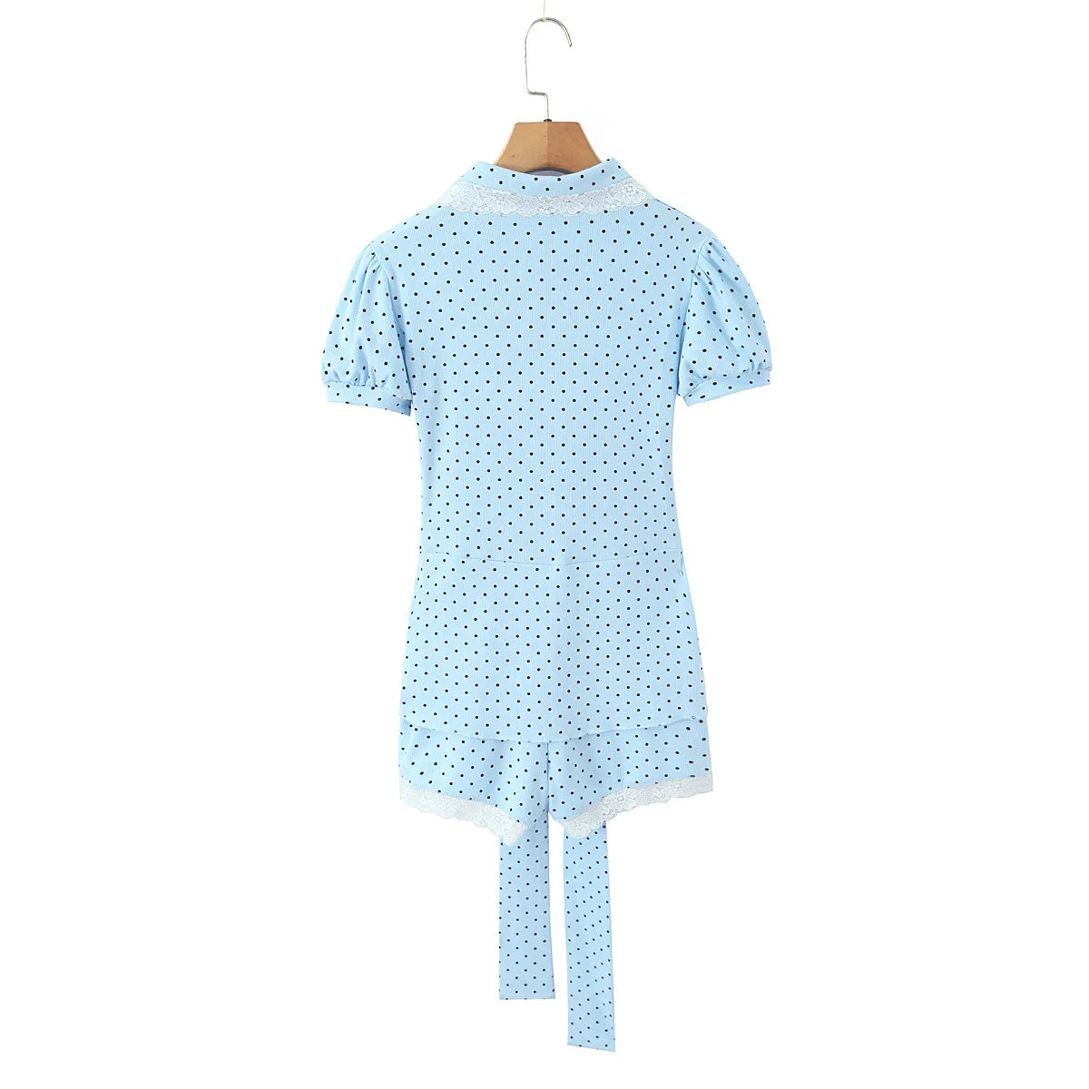 New Pure Desire Casual Style Lace Patchwork Heart Hollow Out Puff Sleeve Polka Dot Belt Jumpsuit Shorts For Woman Charming 6M0J