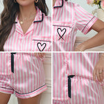 Ladies' Summer Striped Embroidered Love Victoria Style Pajama Set Short Sleeve Top Short Pants CasualTwo Piece Home Clothing