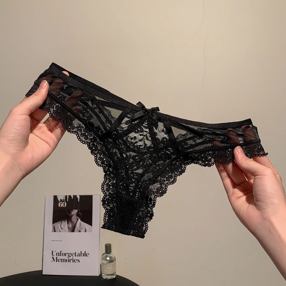Women’s Flower Embroidery Sexy Thong Spicy Girl Lace Transparent Underpants Thin Summer Hollow Out Panties Bow Briefs