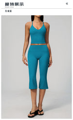 Summer New Yoga Clothing Women Solid V Neck Slim Sports Tank Top Athletic Wear High Waist Butt Lift Mid Pants Gym Fitness Suits