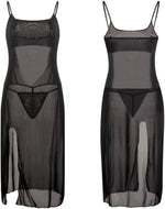 Women Sheer Mesh Lingerie Dress, Black High Slit Nightdress with G-String, Spaghetti Strap Backless Babydoll Sleepwear