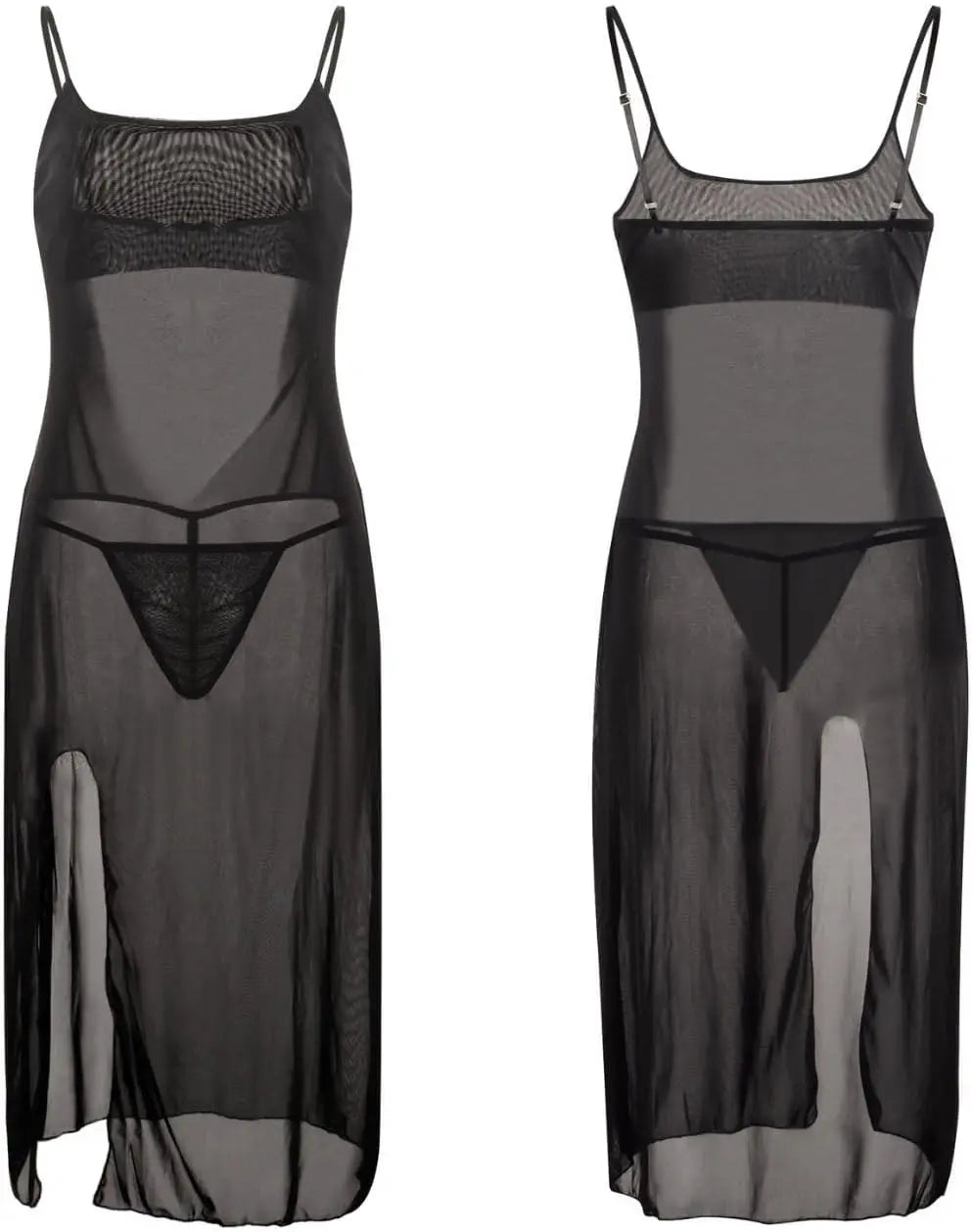 Women Sheer Mesh Lingerie Dress, Black High Slit Nightdress with G-String, Spaghetti Strap Backless Babydoll Sleepwear